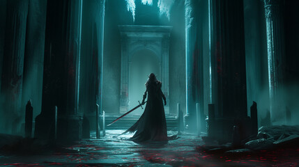 A Female Elf RPG Character Holding a Sword Walking Through A Bloody Castle Corridor Fantasy Art - obrazy, fototapety, plakaty