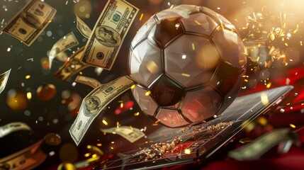 a mobile holding a tablet holding player soccer money, gold and red theme, style casino