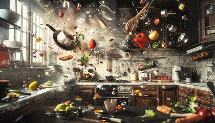 Craft a digital artwork featuring a worms-eye view of a kitchen scene with flying utensils and ingredients creating a whimsical recipe in mid-air Embrace glitch art for an unexpected twist - obrazy, fototapety, plakaty