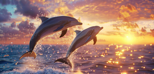 A pair of dolphins leaping joyfully out of the ocean's surface at sunset, with the water droplets...
