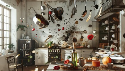 Craft a digital artwork featuring a worms-eye view of a kitchen scene with flying utensils and ingredients creating a whimsical recipe in mid-air Embrace glitch art for an unexpected twist - obrazy, fototapety, plakaty