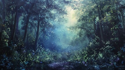 Capture the serene beauty of a utopian dream where lush forests meet starry skies in a painting with an impressionistic style Show a subtle blend of vibrant colors and soft brush strokes to evoke a se - obrazy, fototapety, plakaty