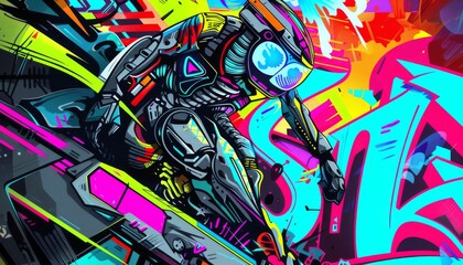 Capture the intricate details of a futuristic robotic dancer merging with vibrant surreal street graffiti in an eye-catching illustration, using precise lines and vivid colors in a digital pixel art s