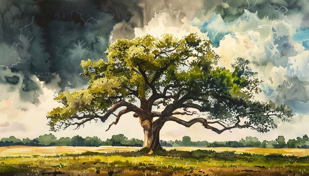 Capture the power of resilience through vibrant watercolor strokes, showcasing a low-angle view of a towering oak tree standing strong amidst a storm