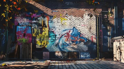 Capture the essence of Utopian Dreams in a whimsical street art scene on a brick wall Unexpected camera angles should highlight every detail, from the vibrant colors to the intricate patterns Digital