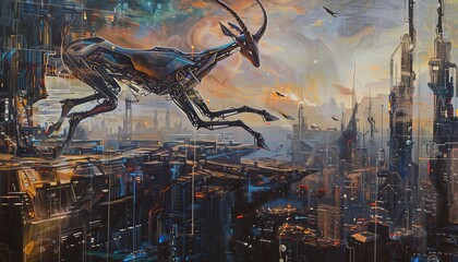 Capture the elegance of a robotic gazelle gracefully leaping towards the horizon, set against a futuristic cityscape in a mesmerizing oil painting - obrazy, fototapety, plakaty