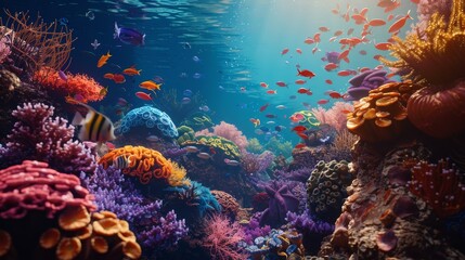 Capture a photorealistic underwater scene of a coral reef bustling with sea creatures for World News report Use unexpected camera angles to showcase the vibrant marine life Digital Rendering Technique