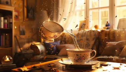 Capture a surreal scene from a worms-eye view of a cozy living room, where a teacup floats mid-air, pouring tea into a hovering saucer Use watercolor for a dreamlike effect - obrazy, fototapety, plakaty