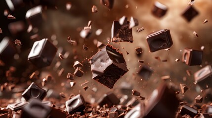 photograph of many chocolates cubes raining to the ground. Against a background that is brown colored. Professional studio ambient studio light