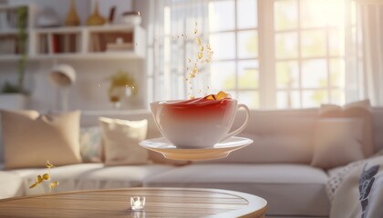 Fototapeta na wymiar Capture a surreal scene from a worms-eye view of a cozy living room, where a teacup floats mid-air, pouring tea into a hovering saucer Use watercolor for a dreamlike effect