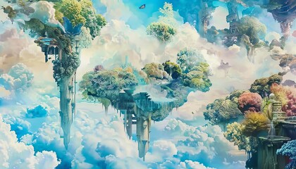 Capture a mesmerizing low-angle view of a utopian garden floating in the clouds, with vibrant, otherworldly hues and intricate details, using watercolor techniques
