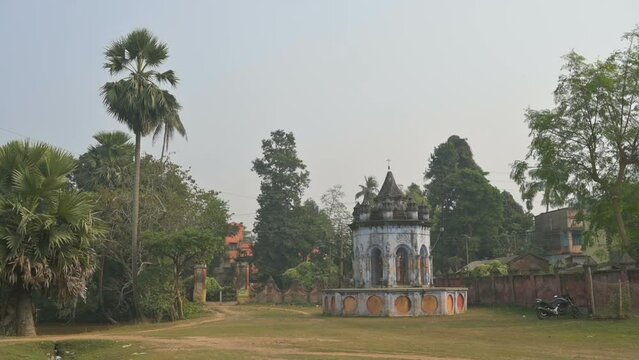 Famous Antpur Dol mancha temple with crafted wood and exquisite terracotta carvings depicting stories from all 18 puranas. Here Swami Vivekananda took monastic vows in 1886, West Bengal, India