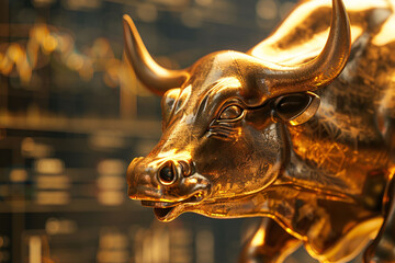 Bull stock stock price rising, golden bull sculpture stock market mascot concept illustration