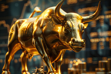 Bull stock stock price rising, golden bull sculpture stock market mascot concept illustration