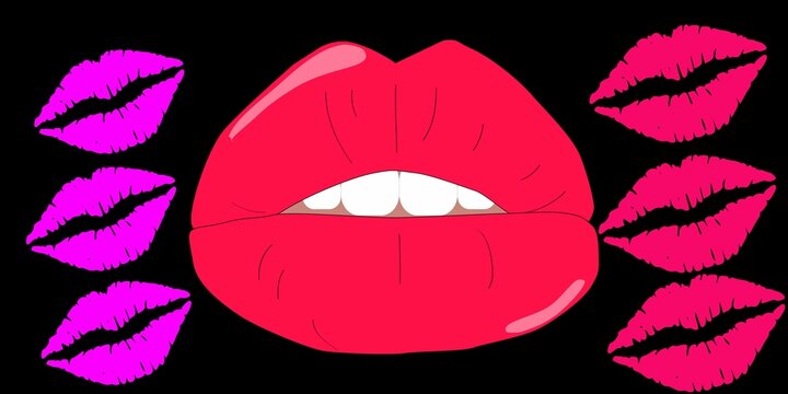 Female lips lipstick kiss print set for valentine day and love illustration. Collection of Lips marks with grunge effect. illustration.