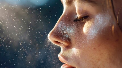 Close-up portrait capturing the sparkle of a refreshing facial mist being applied