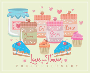 Vector illustration of confectionery ingredients and cakes and cupcakes. Art in a simple and delicate style.