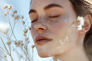 A serene and clean aesthetic portrait focusing on pure and hypoallergenic skincare