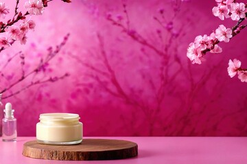 Obraz na płótnie Canvas Product packaging mockup photo of Jar of cream and blossoming branch. Cream with extract of pink tree, studio advertising photoshoot