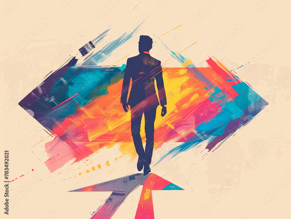 Poster silhouette of a person on a colorful abstract background, illustrated in a modern style, conveying a