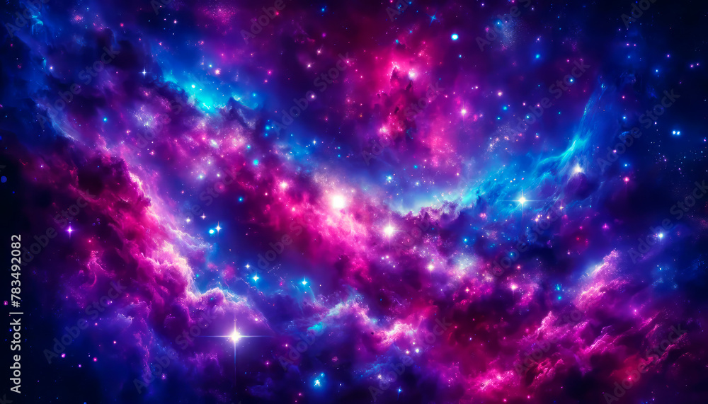 Poster a vibrant cosmic space scene with stars and nebulae in shades of purple and blue, presenting a conce