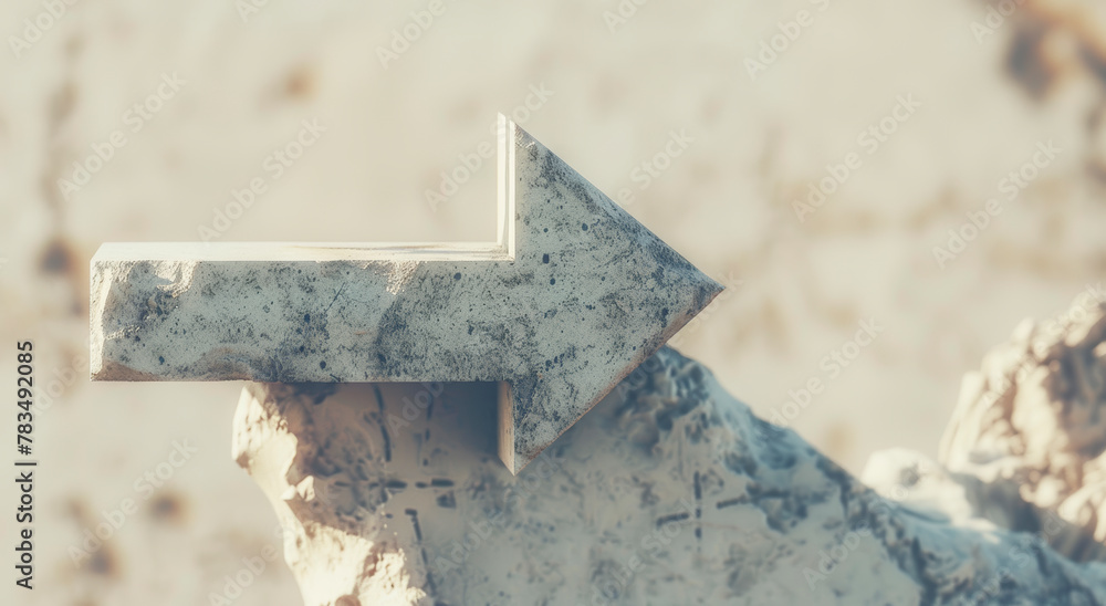Poster a concrete arrow symbol on a rocky surface, with a blurred natural background, evoking a concept of 