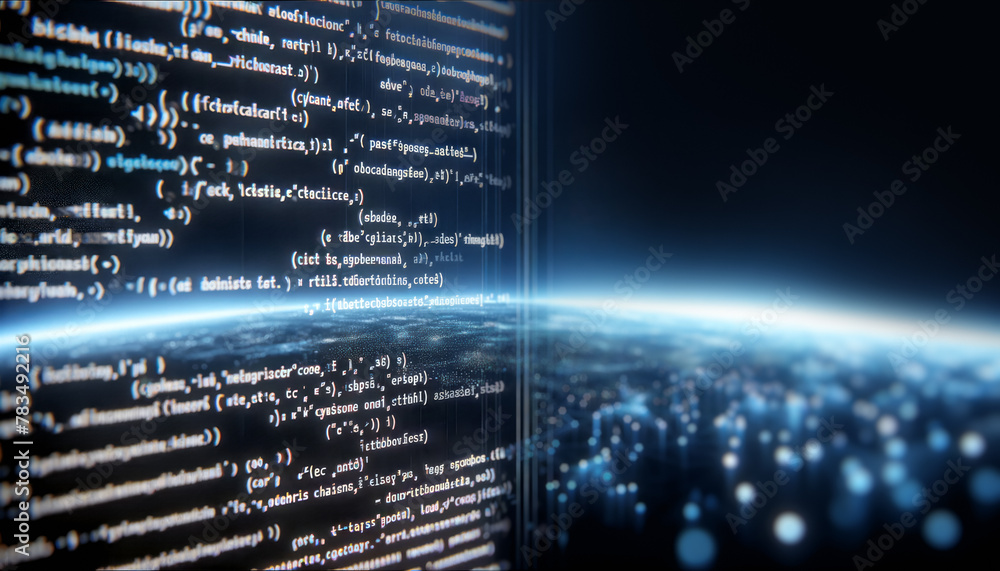 Poster Close-up of code on a screen, digital style, over a bokeh lights background, concept of technology. Generative AI