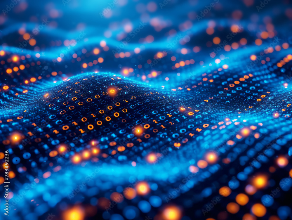 Poster A digital landscape with glowing binary code, wave pattern, in blue and orange, abstract tech concept, Generative AI. Generative AI