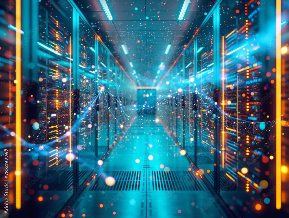 Poster futuristic data center aisle with glowing lights, digital style, dark background, concept of technol