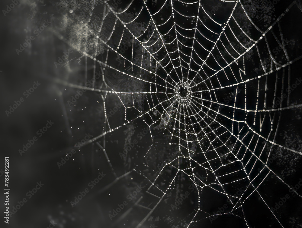 Poster a spiderweb covered in dew drops against a dark background, a creative concept of nature's geometry.