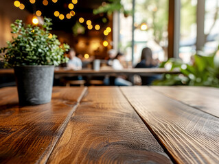 Fototapeta na wymiar A close-up of a potted plant on a wooden table in a cozy caf?, warm tones and bokeh lights create a welcoming atmosphere, concept of a relaxing space. Generative AI