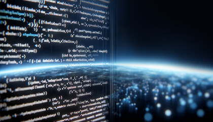 Close-up of code on a screen, digital style, over a bokeh lights background, concept of technology. Generative AI