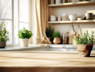Warm sunlight illuminates a kitchen interior with potted herbs on a wooden counter, homely ambience. Generative AI