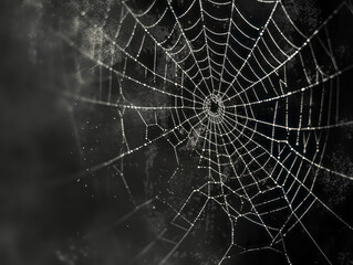 A spiderweb covered in dew drops against a dark background, a creative concept of nature's geometry. Generative AI