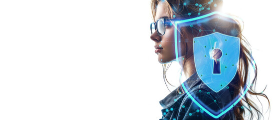 Side profile of a woman with digital security overlay, on white background, concept of cyber security. Generative AI