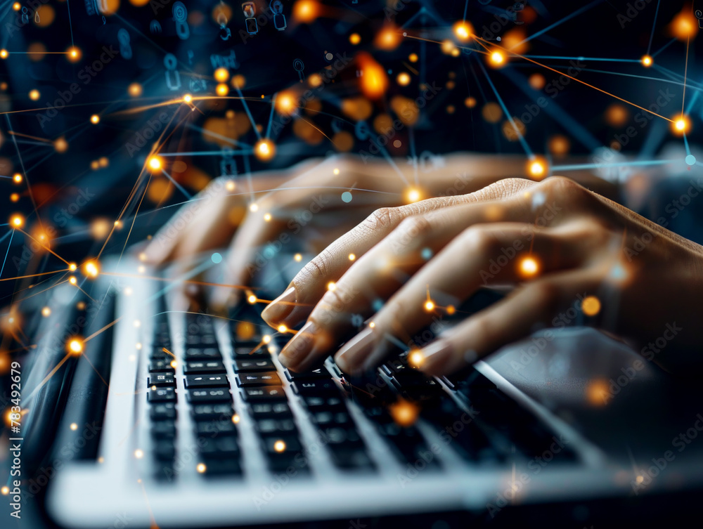Poster close-up of hands typing on a laptop with glowing digital connections on a dark blue background, con