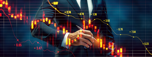 A businessman analyzing glowing stock market data on a futuristic interface, with a dark, digitally enhanced background, concept of financial analysis. Generative AI