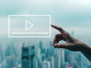 A hand interacting with a neon play button hologram, urban skyline in the background, depicting a technology concept. Generative AI