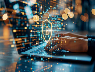 Person typing on a laptop with digital security shield overlay, futuristic technology on a dark abstract background, concept of cybersecurity. Generative AI