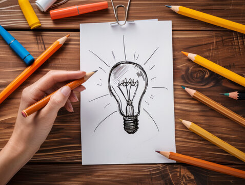 A hand sketching a light bulb on paper surrounded by colorful pencils on a wooden background, concept of creative idea generation. Generative AI