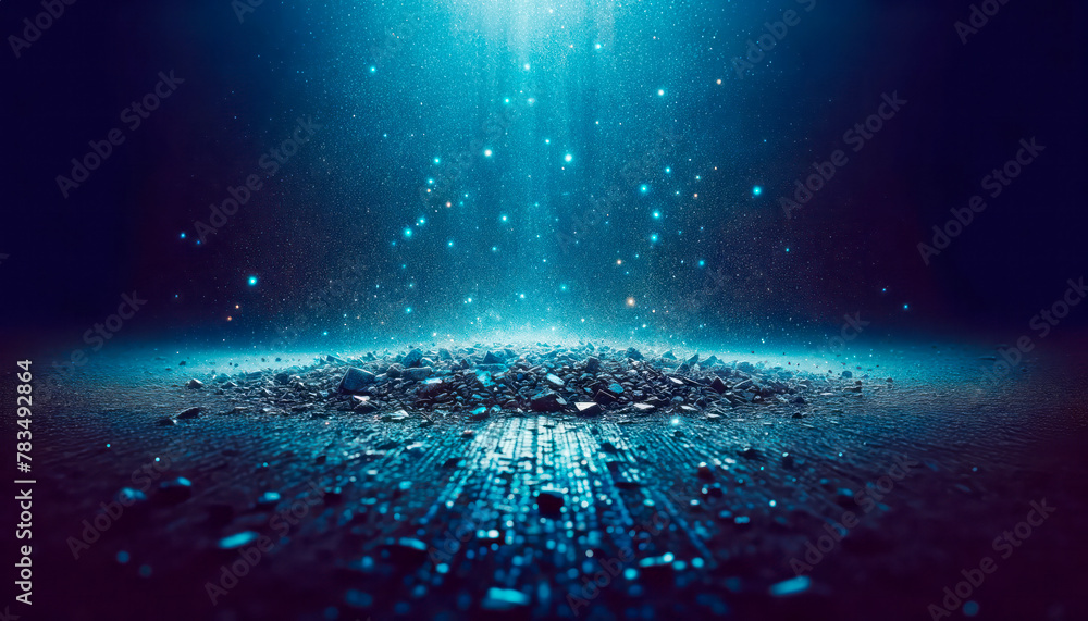 Aufkleber a pile of rocks on a floor with blue light particles descending, set against a dark blue background,