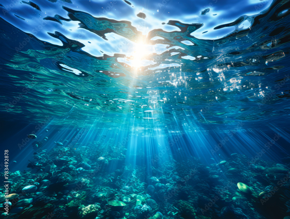 Poster underwater view with sunrays shining through the water's surface, illustrating the concept of marine