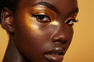 Studio portrait featuring a model with detailed golden makeup