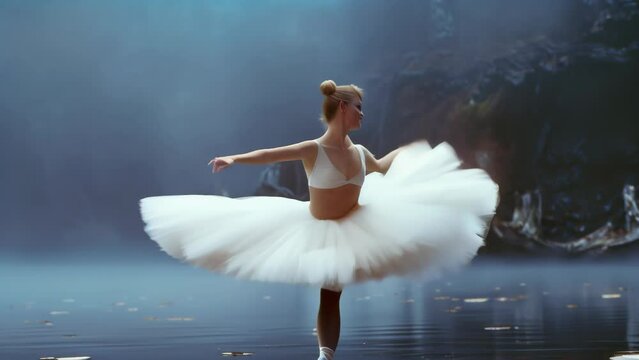 A ballerina in a white tutu gracefully extends her leg and arm, her body forming a perfect line against a dark background. The image captures the elegance, strength, and dedication of ballet.
