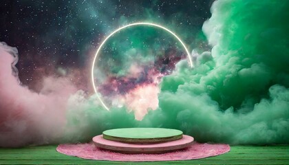 ai generative of a dominan green pastel clouds with galaxy milky way, circle light and podium