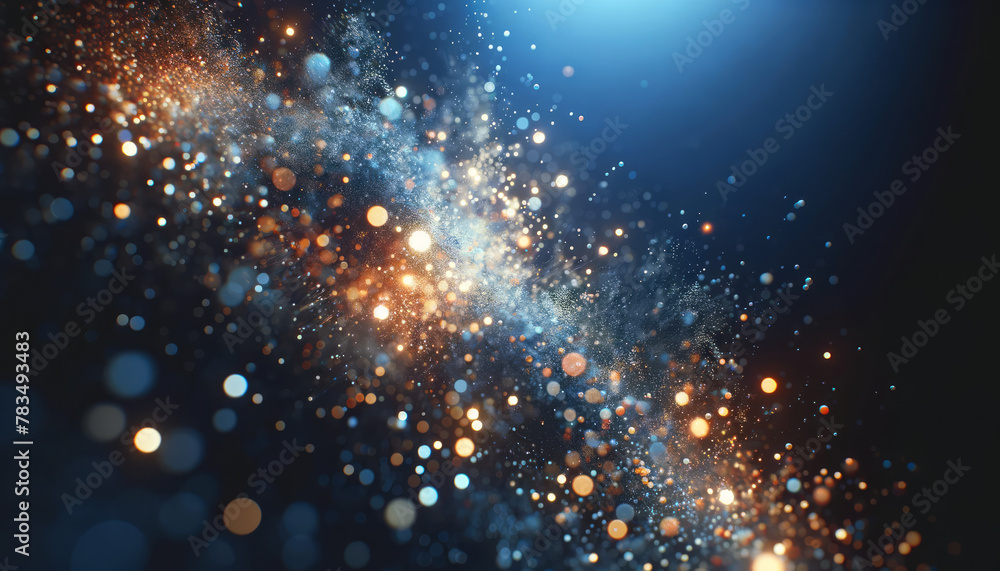 Poster sparkling particles floating on a dark blue background, conveying a cosmic concept. generative ai