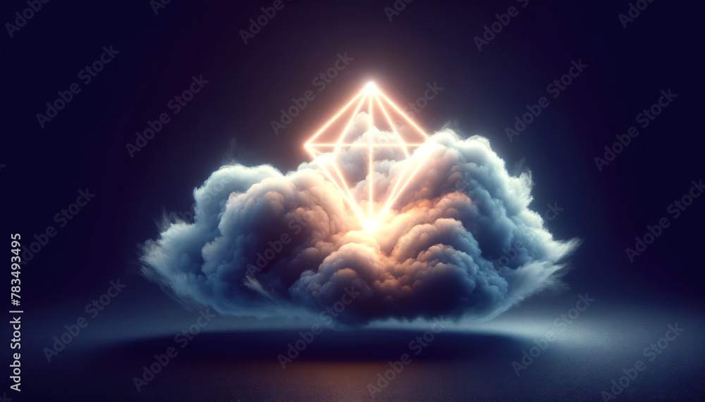 Poster a glowing geometric shape emerges from clouds against a dark background, concept of mystery. generat