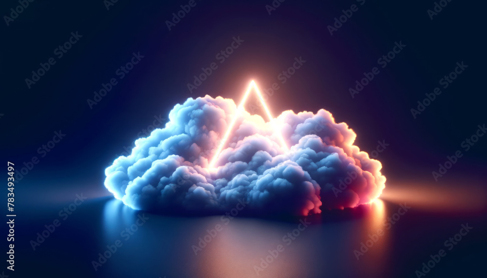 Poster glowing clouds with a neon triangle, digital art on a dark blue background, concept of creativity. g