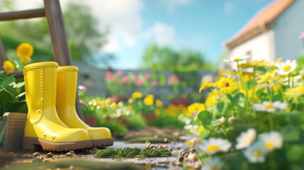 Yellow rubber boots in a flower garden with a sunny, blurred background, conveying a springtime concept. Generative AI - obrazy, fototapety, plakaty