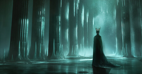 A Queen Standing Alone Within a Frozen Castle Fantasy Art - obrazy, fototapety, plakaty
